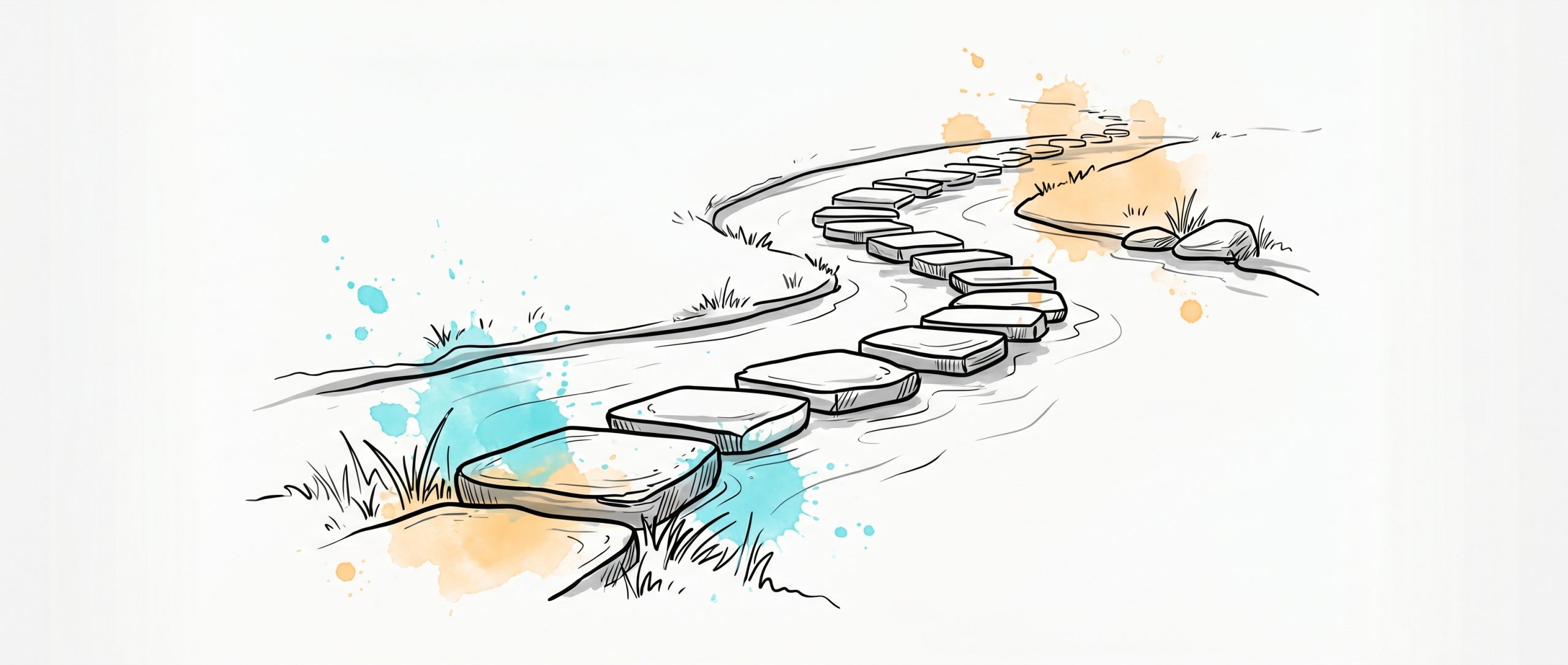 Hand-drawn illustration of stepping stones forming a winding path across a stream from one bank to another, symbolizing a step-by-step career change