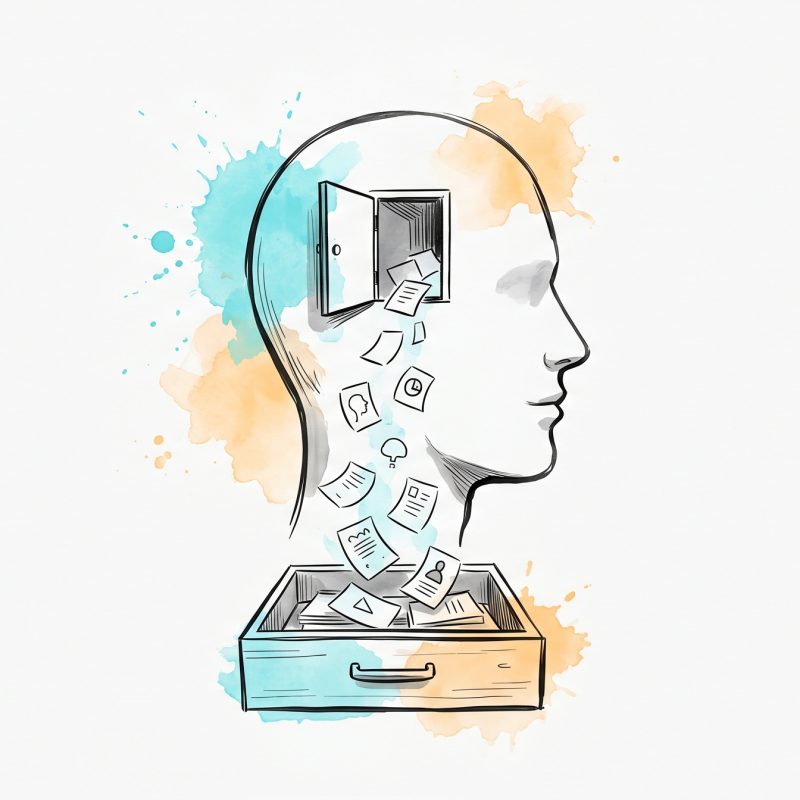 Ink illustration of a head in profile with an open hatch, loose papers and small icons flowing out and settling into an open drawer below — decluttering the mind by offloading thoughts into a trusted place