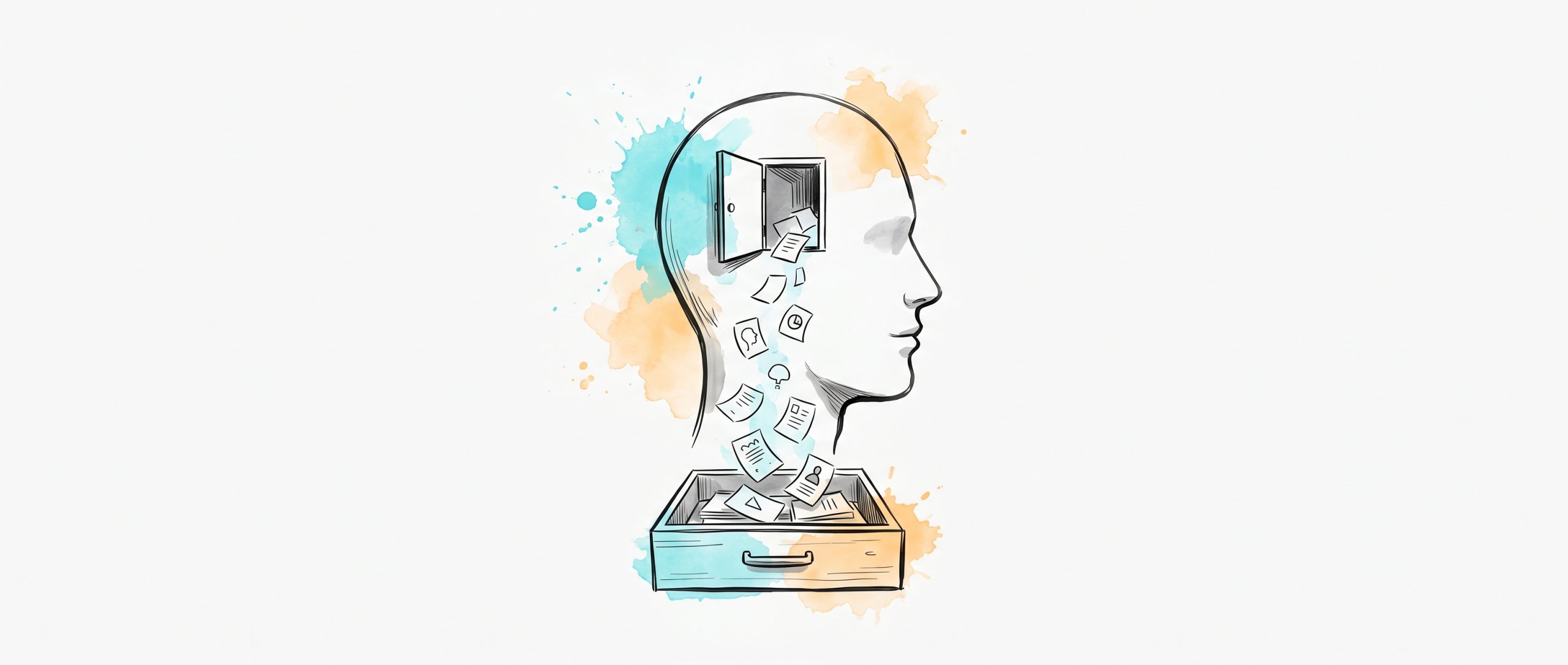 Ink illustration of a head in profile with an open hatch, loose papers and small icons flowing out and settling into an open drawer below — decluttering the mind by offloading thoughts into a trusted place