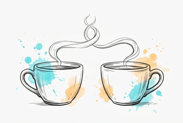 Hand-drawn ink illustration of two coffee cups whose rising steam wisps intertwine into a single ribbon, symbolising two people growing closer through repeated meeting, with cyan and apricot watercolour splashes