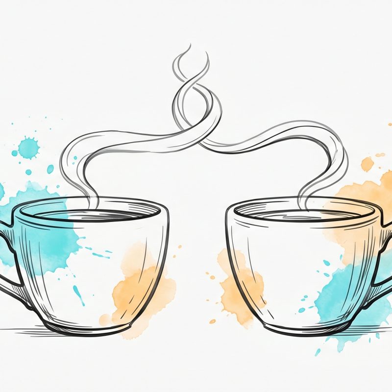 Hand-drawn ink illustration of two coffee cups whose rising steam wisps intertwine into a single ribbon, symbolising two people growing closer through repeated meeting, with cyan and apricot watercolour splashes