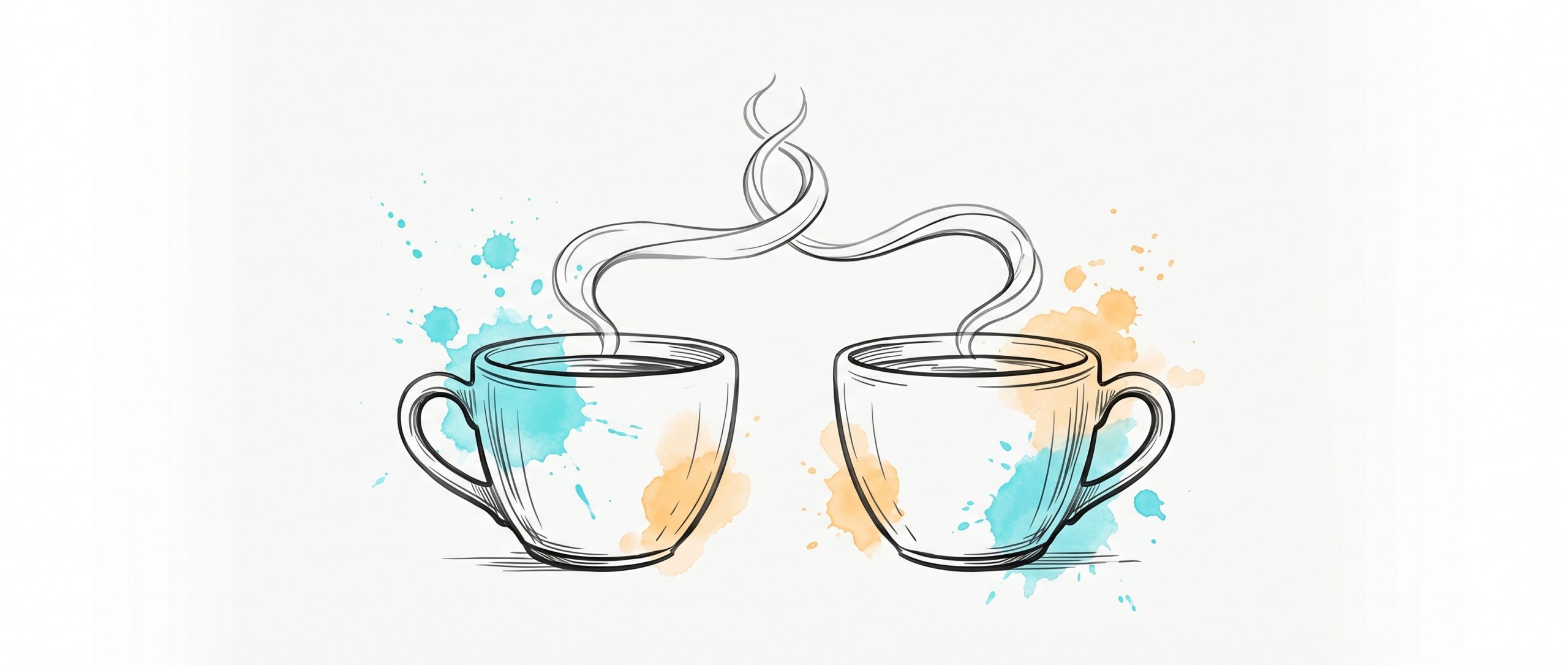 Hand-drawn ink illustration of two coffee cups whose rising steam wisps intertwine into a single ribbon, symbolising two people growing closer through repeated meeting, with cyan and apricot watercolour splashes