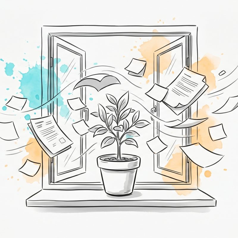 Pen-and-ink illustration of a calm potted plant on a windowsill staying upright while work papers and sticky notes swirl past the open window, with cyan and apricot watercolour splashes