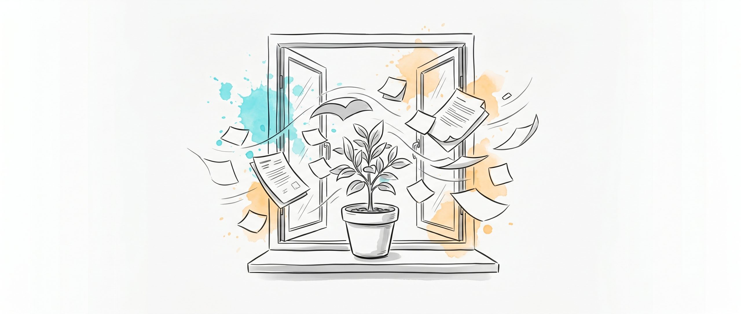 Pen-and-ink illustration of a calm potted plant on a windowsill staying upright while work papers and sticky notes swirl past the open window, with cyan and apricot watercolour splashes
