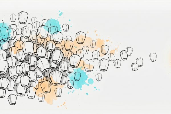 Hand-drawn ink illustration of a dense overwhelming cluster of unlit paper lanterns thinning across the frame to a single warmly glowing lantern, with cyan and apricot watercolour splashes — reducing many decisions to the one that matters