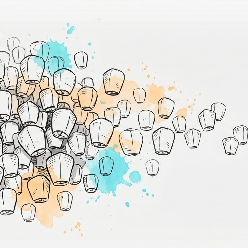 Hand-drawn ink illustration of a dense overwhelming cluster of unlit paper lanterns thinning across the frame to a single warmly glowing lantern, with cyan and apricot watercolour splashes — reducing many decisions to the one that matters