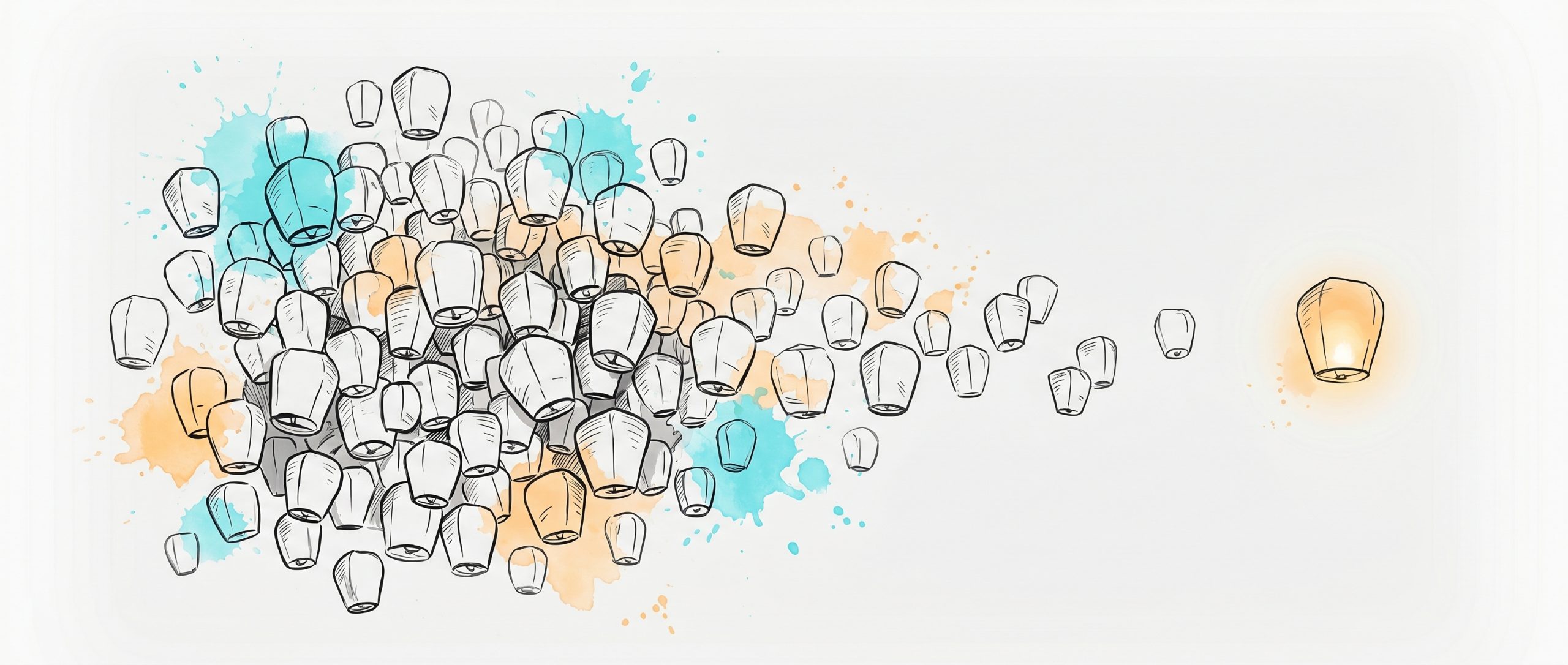 Hand-drawn ink illustration of a dense overwhelming cluster of unlit paper lanterns thinning across the frame to a single warmly glowing lantern, with cyan and apricot watercolour splashes — reducing many decisions to the one that matters