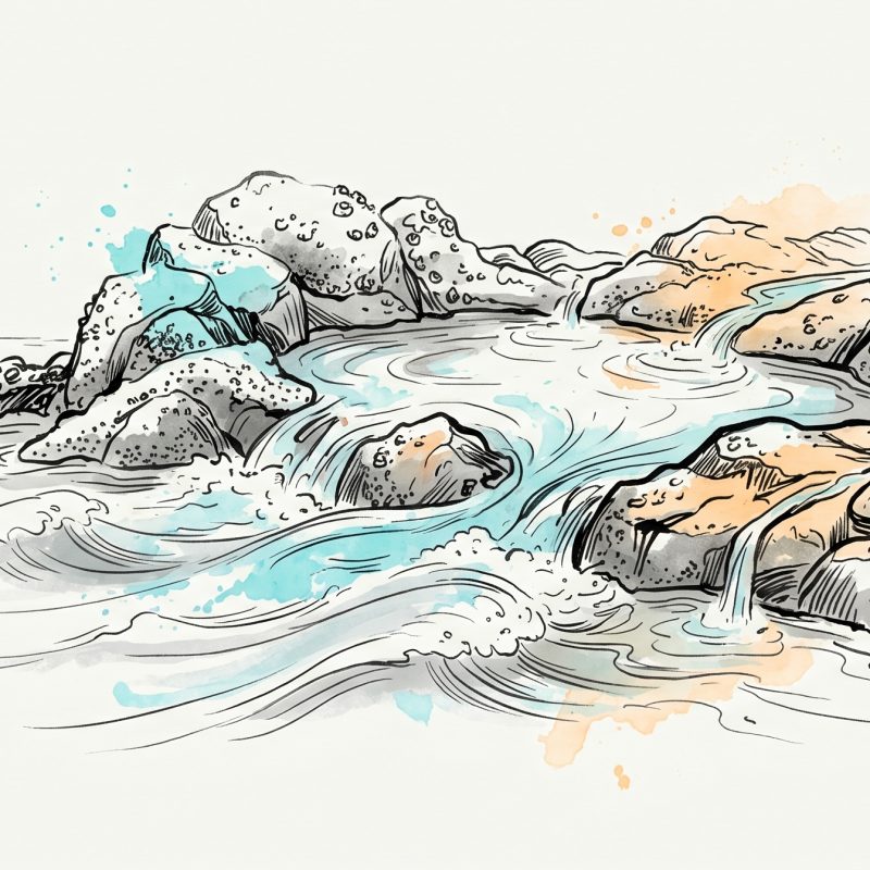 Hand-drawn ink illustration of an incoming tide flowing back to refill a dried-out tidal rock pool, with cyan and apricot watercolour splashes — a metaphor for recovering depleted energy after burnout.