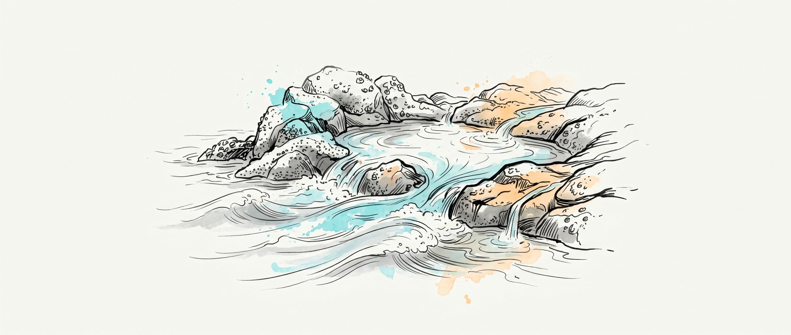 Hand-drawn ink illustration of an incoming tide flowing back to refill a dried-out tidal rock pool, with cyan and apricot watercolour splashes — a metaphor for recovering depleted energy after burnout.