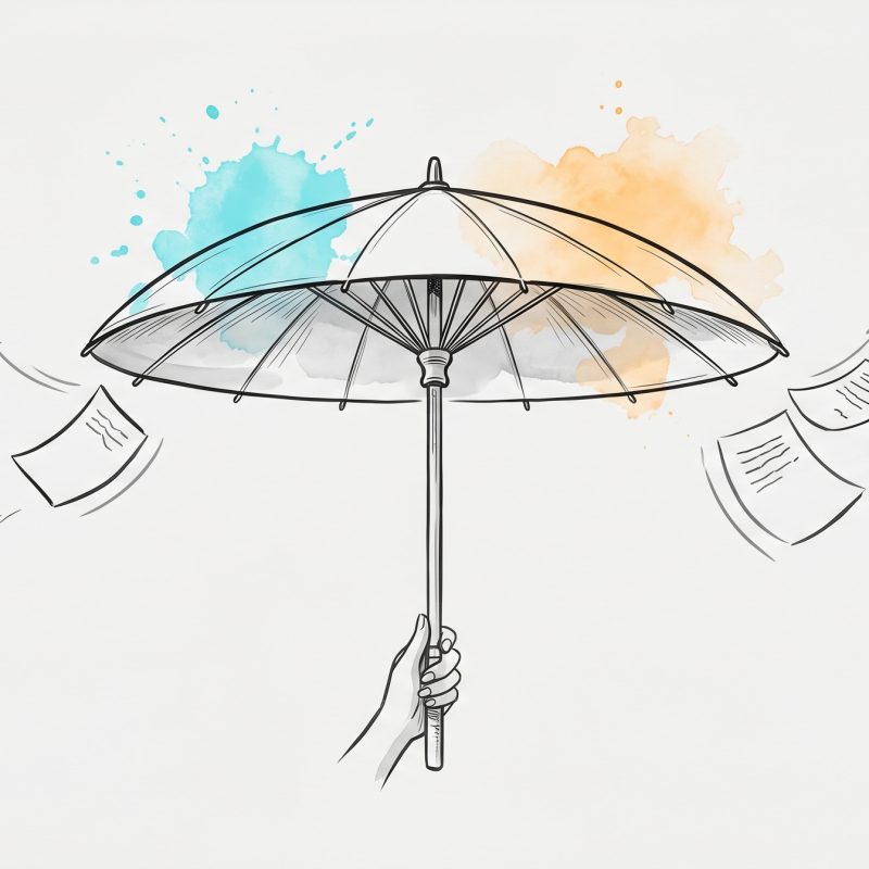 Hand-drawn ink illustration of a calm open umbrella deflecting a gentle drift of incoming papers, sticky-notes and envelopes, with soft cyan and apricot watercolour splashes — a graceful protective no