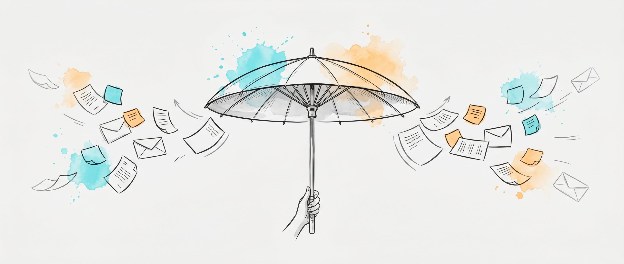 Hand-drawn ink illustration of a calm open umbrella deflecting a gentle drift of incoming papers, sticky-notes and envelopes, with soft cyan and apricot watercolour splashes — a graceful protective no