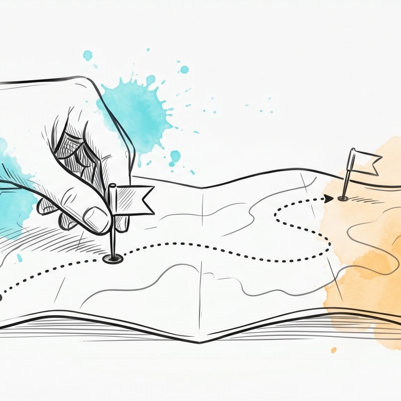 Hand-drawn illustration of a hand pressing a marker pin into one point on an open map, with a dotted route curving to a distant goal flag — setting a specific goal and the path to reach it