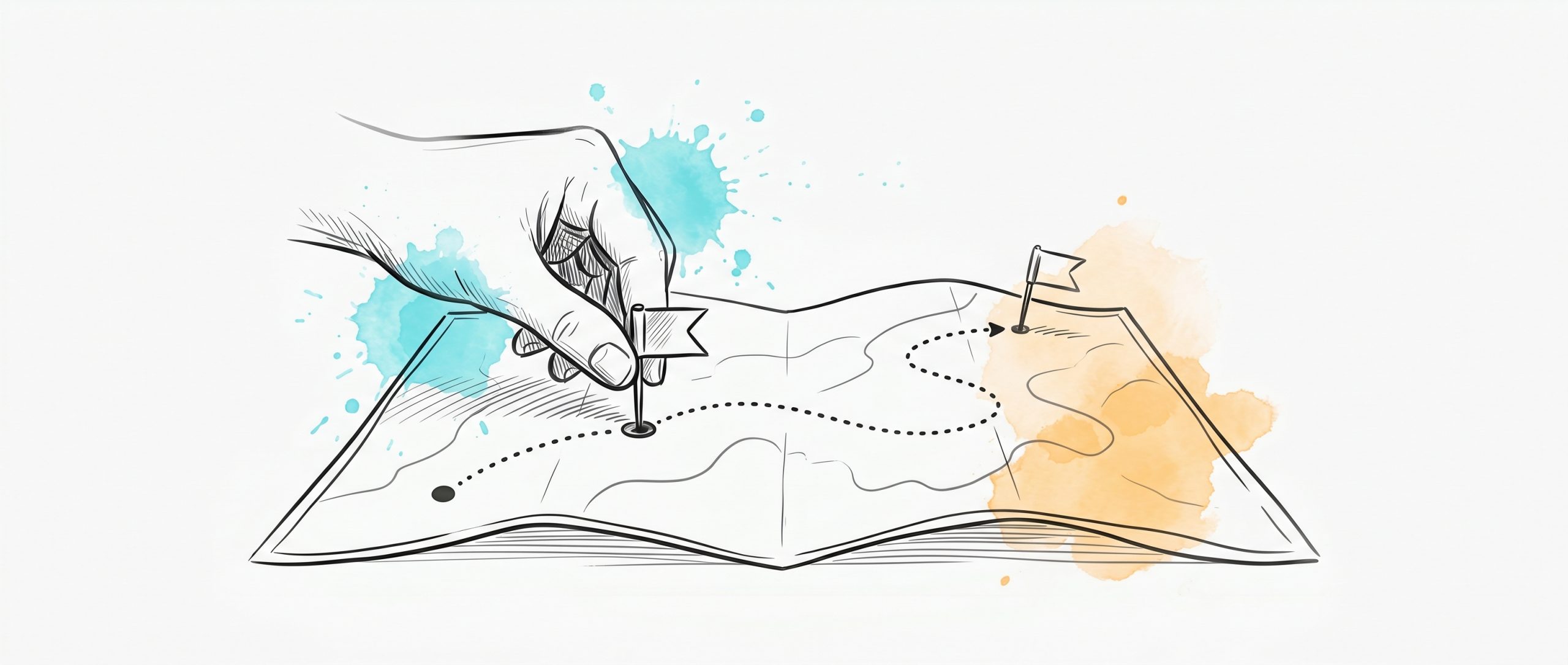 Hand-drawn illustration of a hand pressing a marker pin into one point on an open map, with a dotted route curving to a distant goal flag — setting a specific goal and the path to reach it