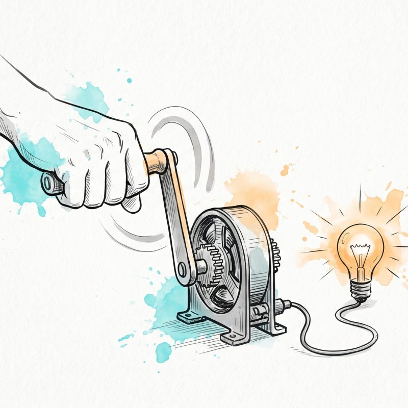 Hand-drawn illustration of a hand turning a small hand-crank dynamo that lights a glowing bulb, symbolising how taking action generates motivation