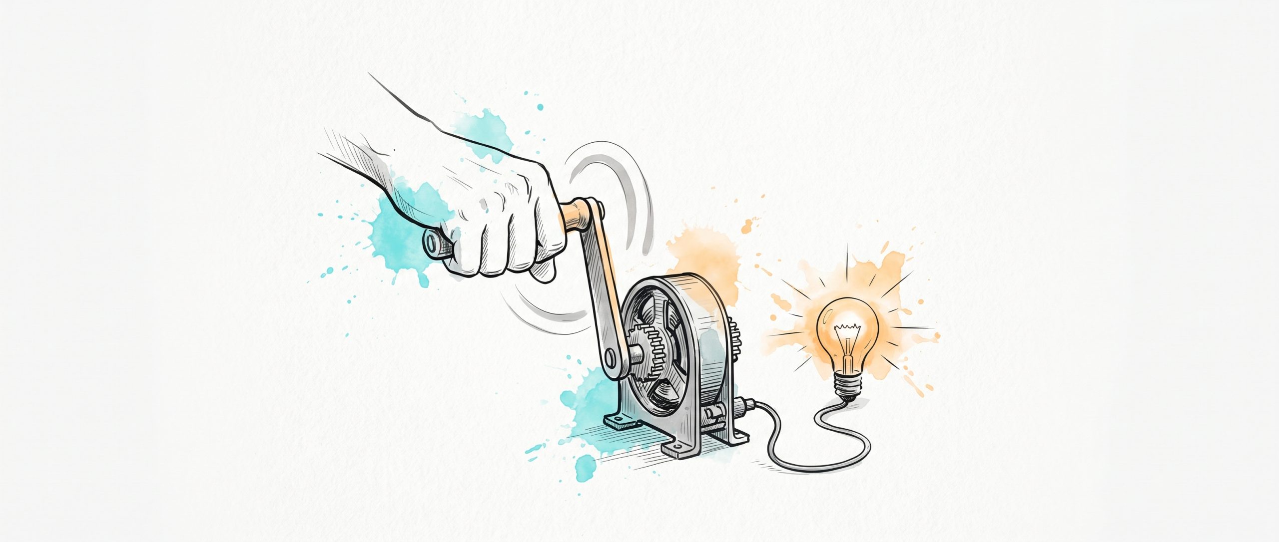 Hand-drawn illustration of a hand turning a small hand-crank dynamo that lights a glowing bulb, symbolising how taking action generates motivation