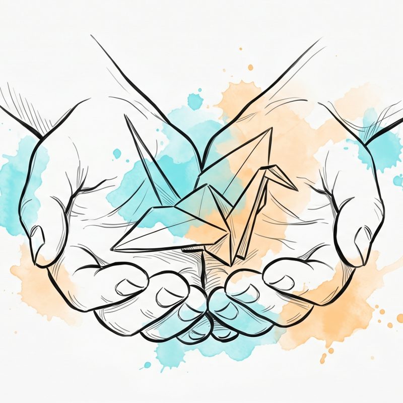 Pen-and-ink illustration of cupped open hands gently sheltering a small origami paper bird, with soft cyan and apricot watercolour splashes — a symbol of self-kindness and quieting the inner critic