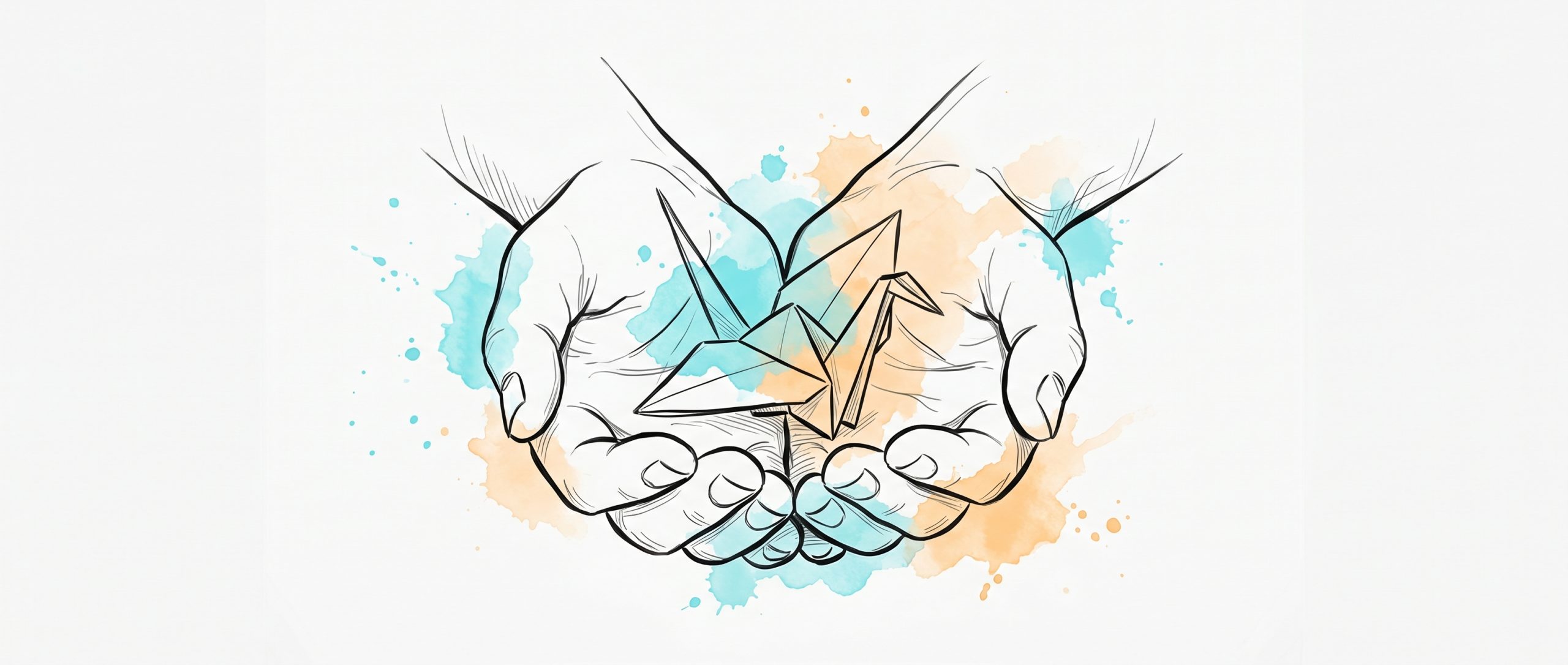 Pen-and-ink illustration of cupped open hands gently sheltering a small origami paper bird, with soft cyan and apricot watercolour splashes — a symbol of self-kindness and quieting the inner critic
