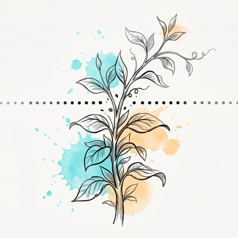Hand-drawn ink illustration of a plant growing freely up through a dotted line, symbolising a limiting belief that was never a solid barrier, with soft cyan and apricot watercolour splashes