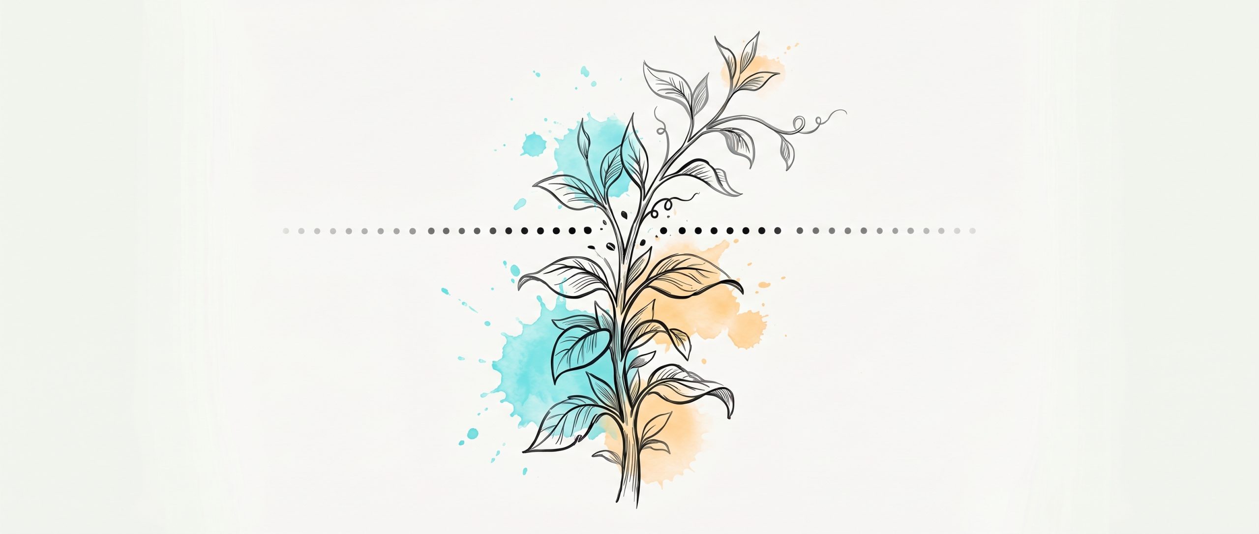Hand-drawn ink illustration of a plant growing freely up through a dotted line, symbolising a limiting belief that was never a solid barrier, with soft cyan and apricot watercolour splashes