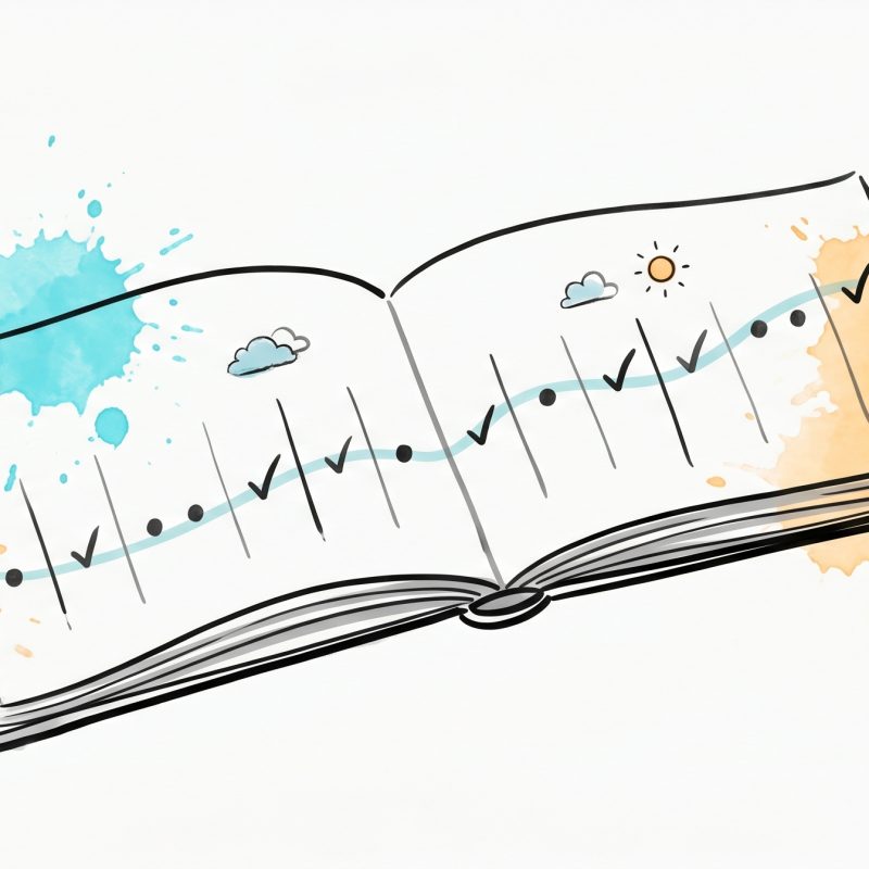 Hand-drawn open journal with daily mental health check-in marks connected by a gently rising cyan trend line, with small cloud and sun mood icons