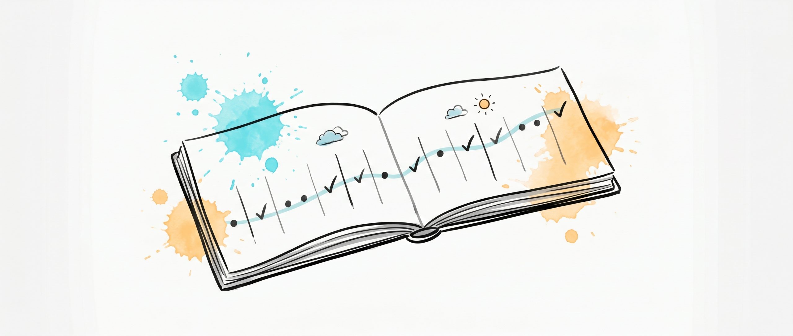 Hand-drawn open journal with daily mental health check-in marks connected by a gently rising cyan trend line, with small cloud and sun mood icons