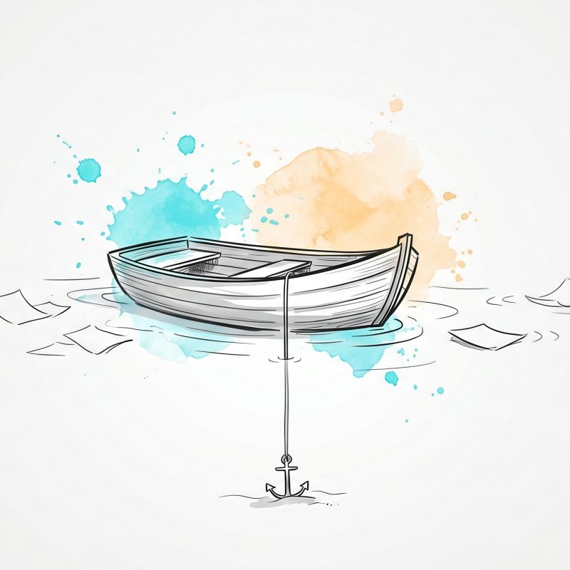 Hand-drawn ink illustration of a small boat held perfectly still by an anchor while loose papers and ripples drift past — attention anchored in the present, mindfulness at work