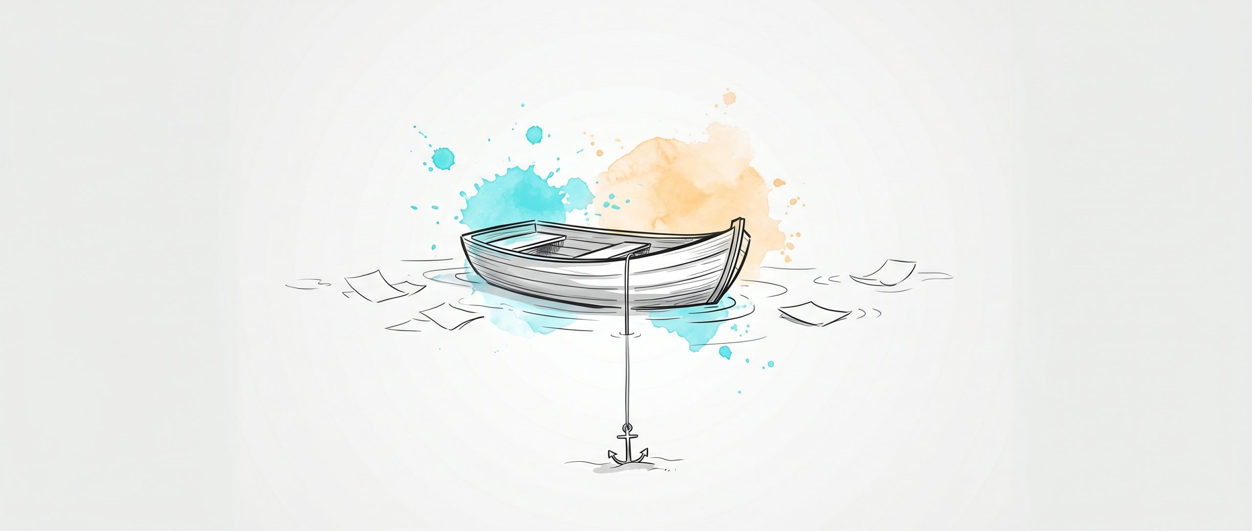 Hand-drawn ink illustration of a small boat held perfectly still by an anchor while loose papers and ripples drift past — attention anchored in the present, mindfulness at work