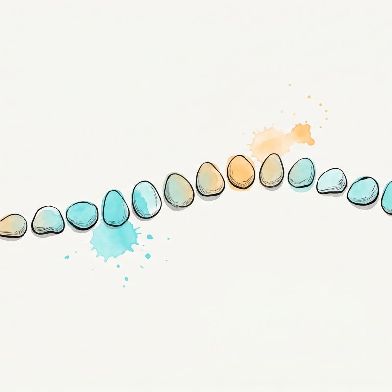 Hand-drawn illustration of a hand placing one painted pebble at the end of a long row of cyan and apricot pebbles that rises and dips like a gentle trend line, symbolising mood tracking over time
