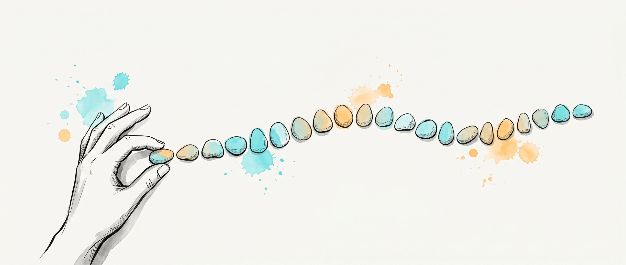 Hand-drawn illustration of a hand placing one painted pebble at the end of a long row of cyan and apricot pebbles that rises and dips like a gentle trend line, symbolising mood tracking over time