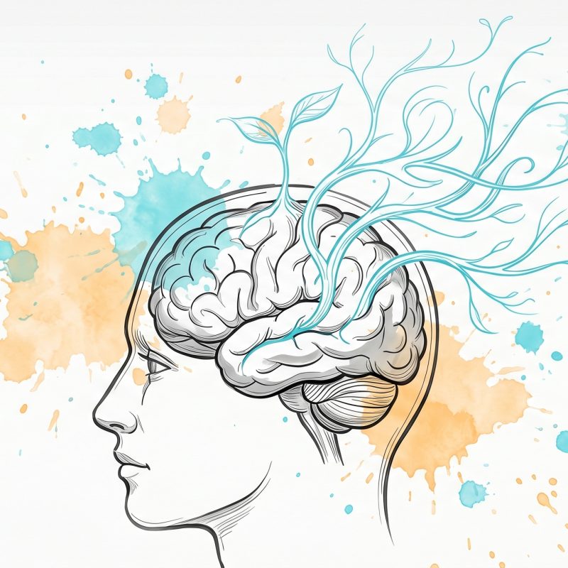 Hand-drawn ink illustration of a head in profile with cyan neural branches growing from the brain, with cyan and apricot watercolour splashes, symbolising neuroplasticity