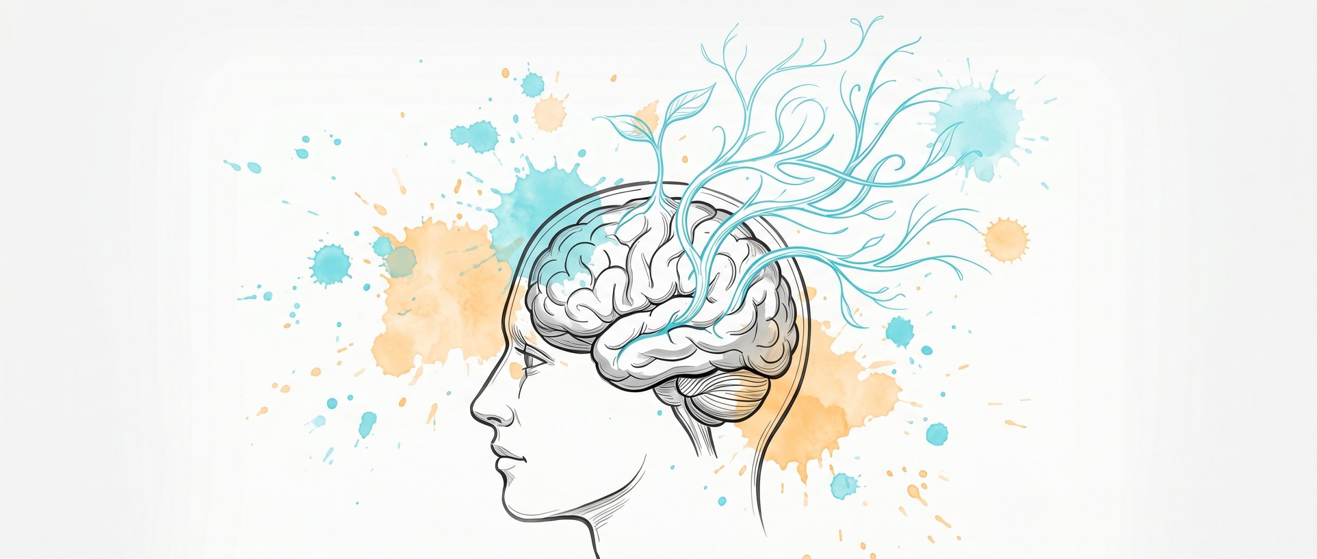 Hand-drawn ink illustration of a head in profile with cyan neural branches growing from the brain, with cyan and apricot watercolour splashes, symbolising neuroplasticity