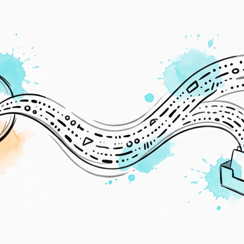 Hand-drawn ink illustration: words flowing from a chat speech-bubble as abstract dots and dashes, sorted into small trays — natural language processing turning text into structured meaning