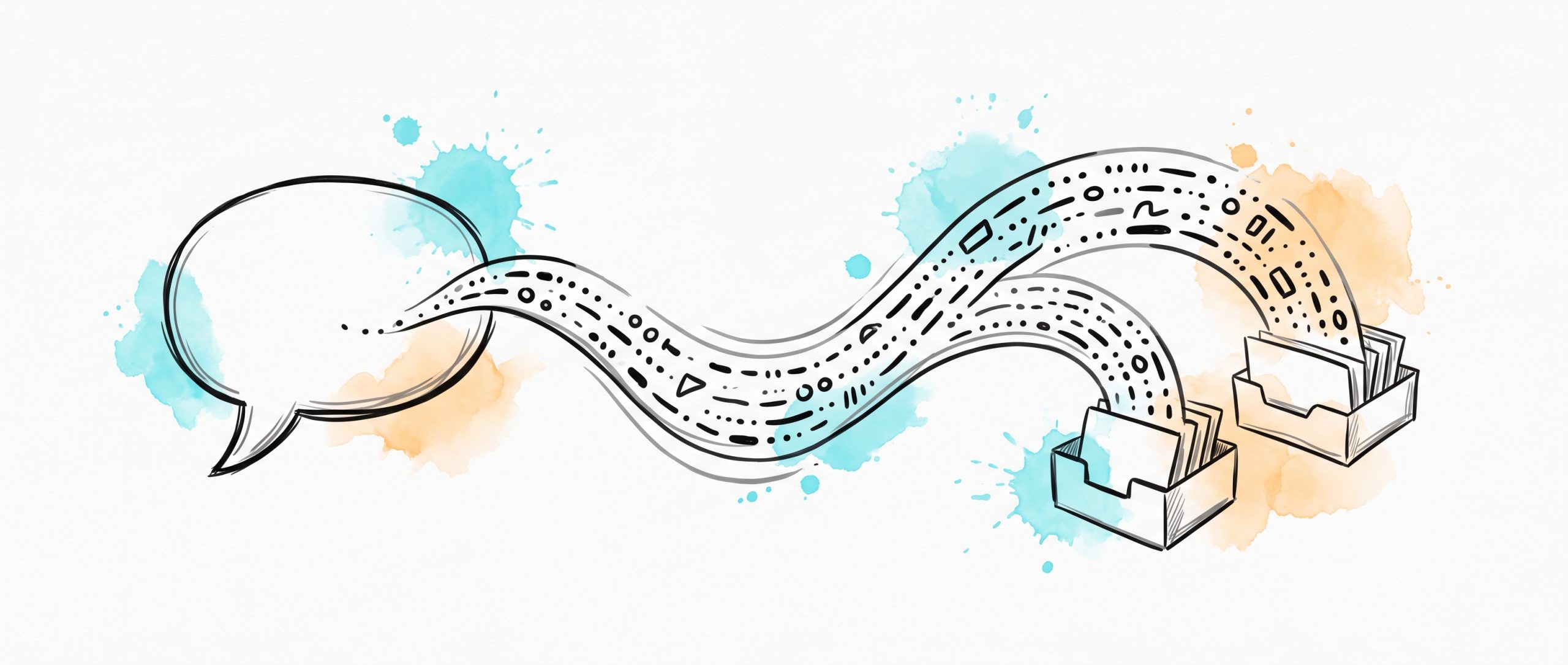 Hand-drawn ink illustration: words flowing from a chat speech-bubble as abstract dots and dashes, sorted into small trays — natural language processing turning text into structured meaning