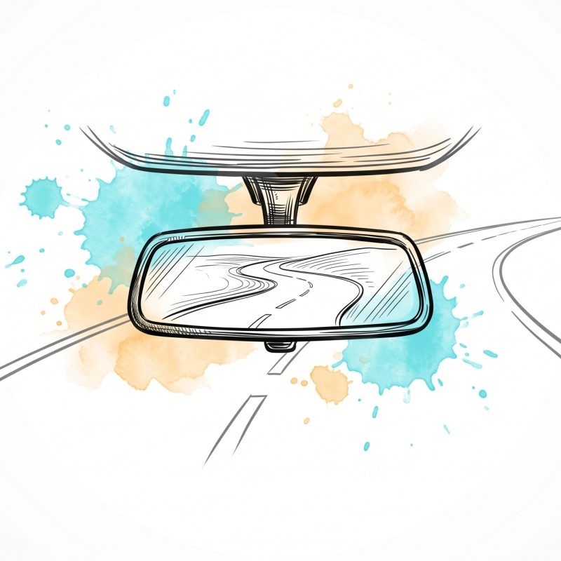 Hand-drawn ink illustration of a car rear-view mirror reflecting a winding road behind, while an open road continues forward, with soft cyan and apricot watercolour splashes