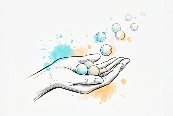 Pen-and-ink illustration of an open cupped hand holding a few small glowing orbs while surplus orbs lift away and float off, with cyan and apricot watercolour splashes — a small working memory holding only a few things while the overload is released