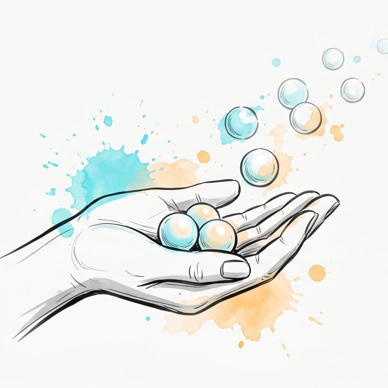 Pen-and-ink illustration of an open cupped hand holding a few small glowing orbs while surplus orbs lift away and float off, with cyan and apricot watercolour splashes — a small working memory holding only a few things while the overload is released