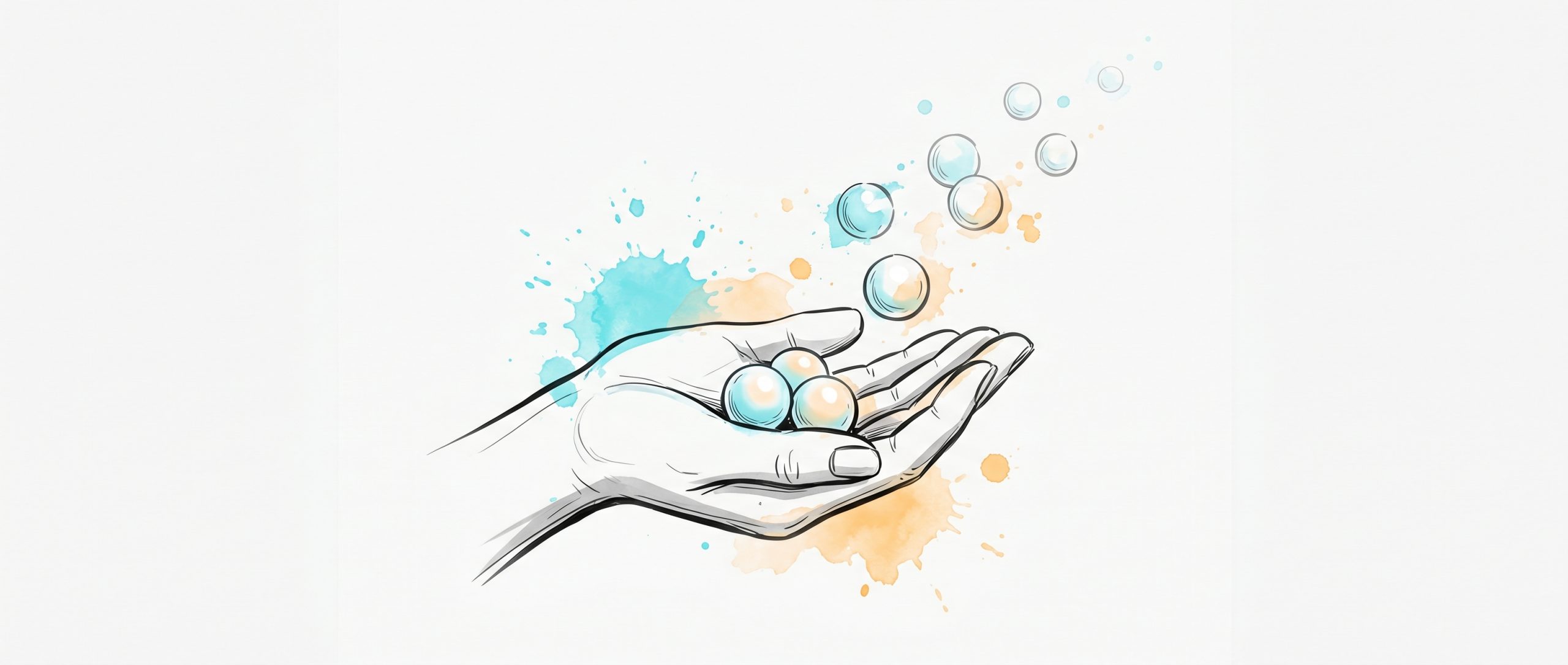 Pen-and-ink illustration of an open cupped hand holding a few small glowing orbs while surplus orbs lift away and float off, with cyan and apricot watercolour splashes — a small working memory holding only a few things while the overload is released