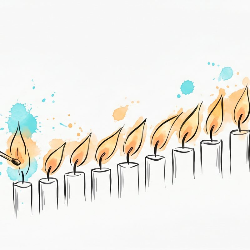 Hand-drawn ink illustration: a hand lights a match to the first of an ascending row of candles, each flame lighting the next, with soft cyan and apricot watercolour splashes — small successes building self-efficacy