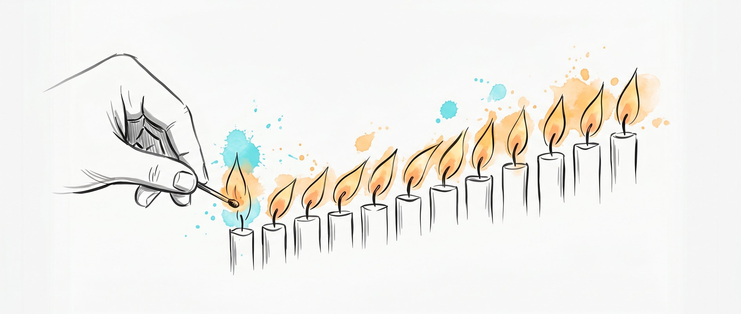 Hand-drawn ink illustration: a hand lights a match to the first of an ascending row of candles, each flame lighting the next, with soft cyan and apricot watercolour splashes — small successes building self-efficacy