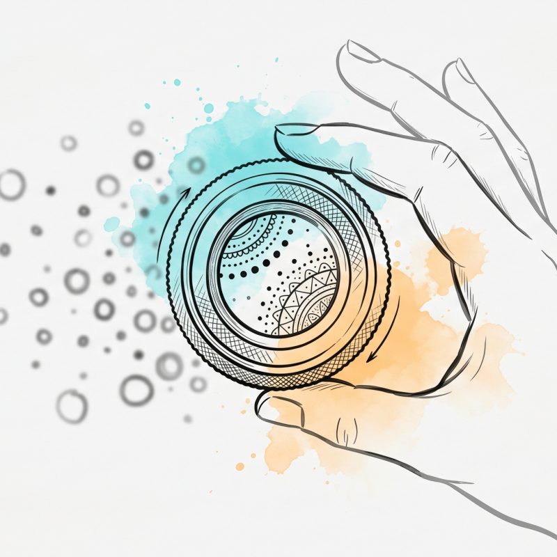 Hand-drawn ink illustration of a hand turning a camera lens, scattered dots resolving into clear focus through the lens, cyan and apricot watercolour accents