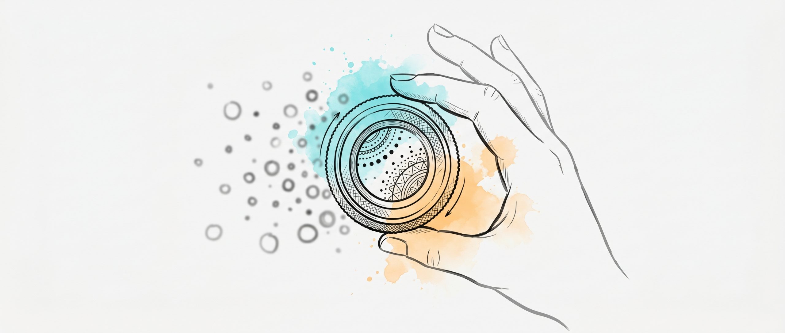 Hand-drawn ink illustration of a hand turning a camera lens, scattered dots resolving into clear focus through the lens, cyan and apricot watercolour accents