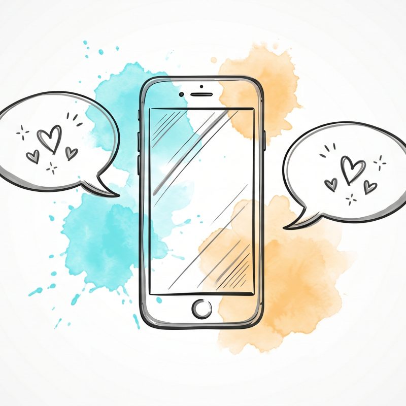 Hand-drawn ink illustration of a smartphone with affirmation speech bubbles and loose cyan and apricot watercolour splashes, symbolising daily positive self-talk