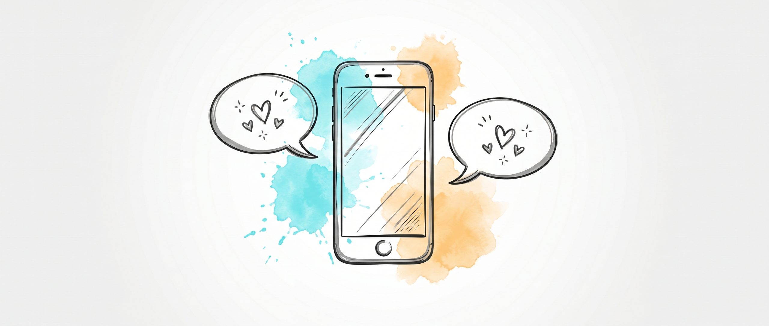 Hand-drawn ink illustration of a smartphone with affirmation speech bubbles and loose cyan and apricot watercolour splashes, symbolising daily positive self-talk