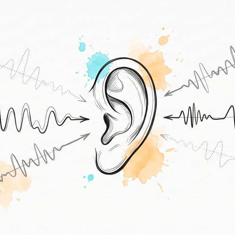 Ink illustration of a single listening ear with several sound-waveforms arriving from across the width — some vivid and full, some faint and dotted — representing emotional tone read across many languages, some understood clearly and some only partly