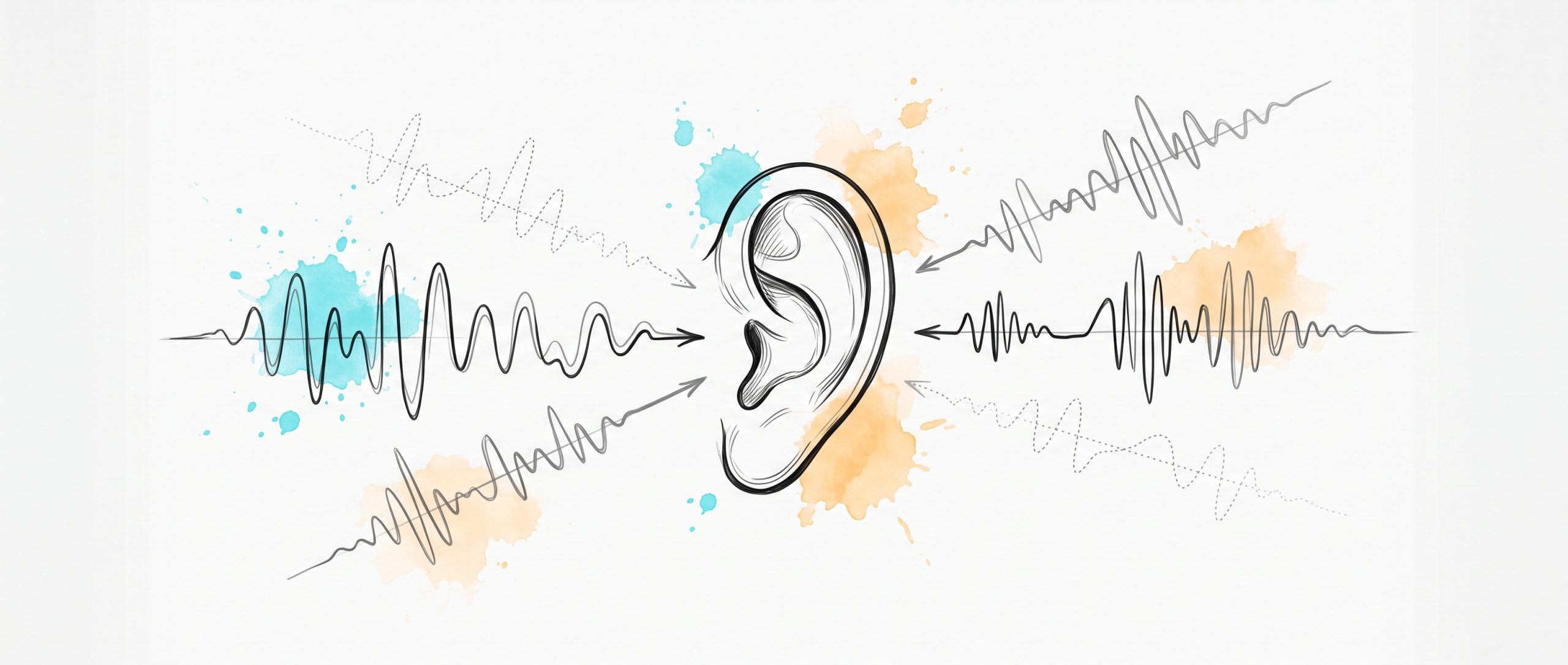 Ink illustration of a single listening ear with several sound-waveforms arriving from across the width — some vivid and full, some faint and dotted — representing emotional tone read across many languages, some understood clearly and some only partly