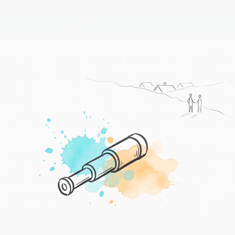 Hand-drawn editorial illustration of a spyglass set down, the distant scene of tiny faraway rooftops and people it was aimed at fading into airy space, with cyan and apricot watercolour splashes — letting go of comparing yourself to others.
