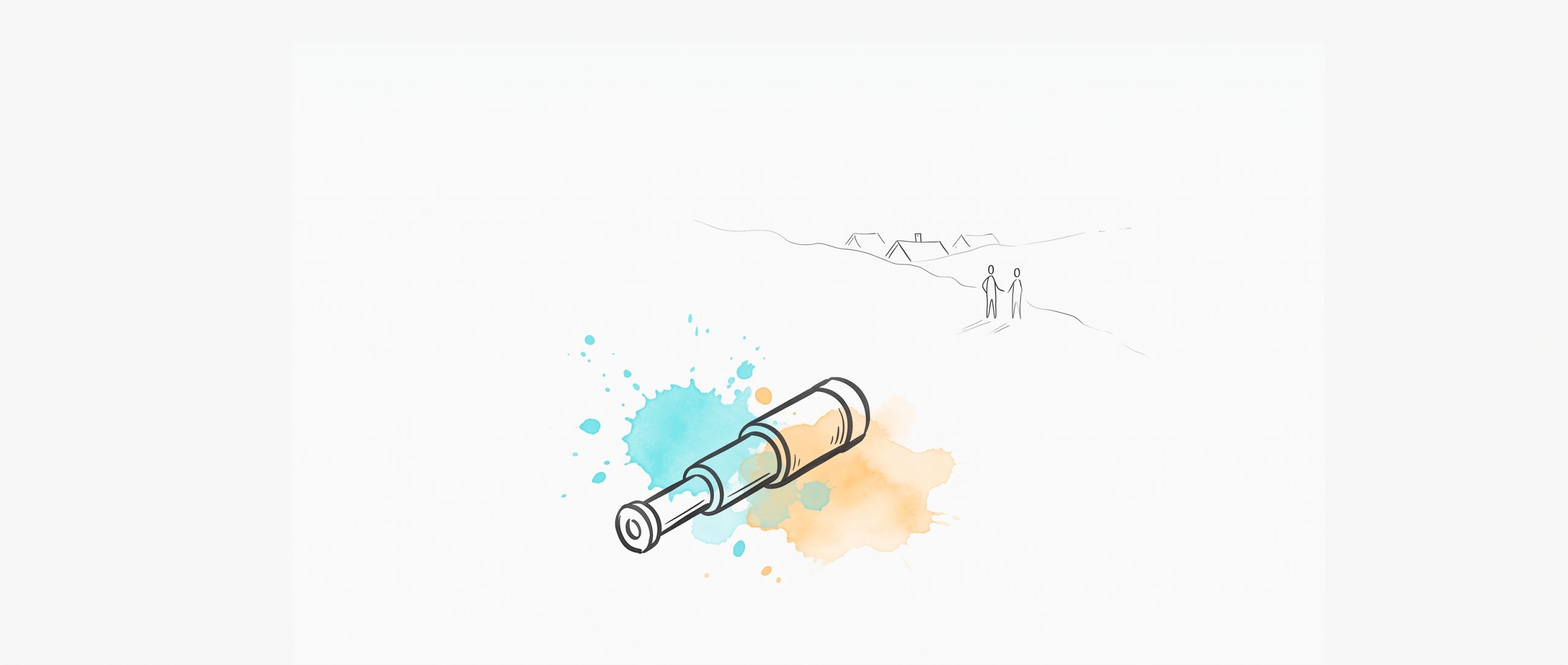 Hand-drawn editorial illustration of a spyglass set down, the distant scene of tiny faraway rooftops and people it was aimed at fading into airy space, with cyan and apricot watercolour splashes — letting go of comparing yourself to others.