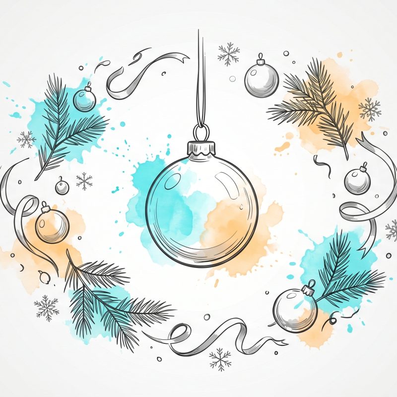 Hand-drawn ink illustration of a single calm holiday ornament hanging steadily at the centre while smaller baubles, ribbons and pine sprigs swirl gently around it, with soft cyan and apricot watercolour splashes