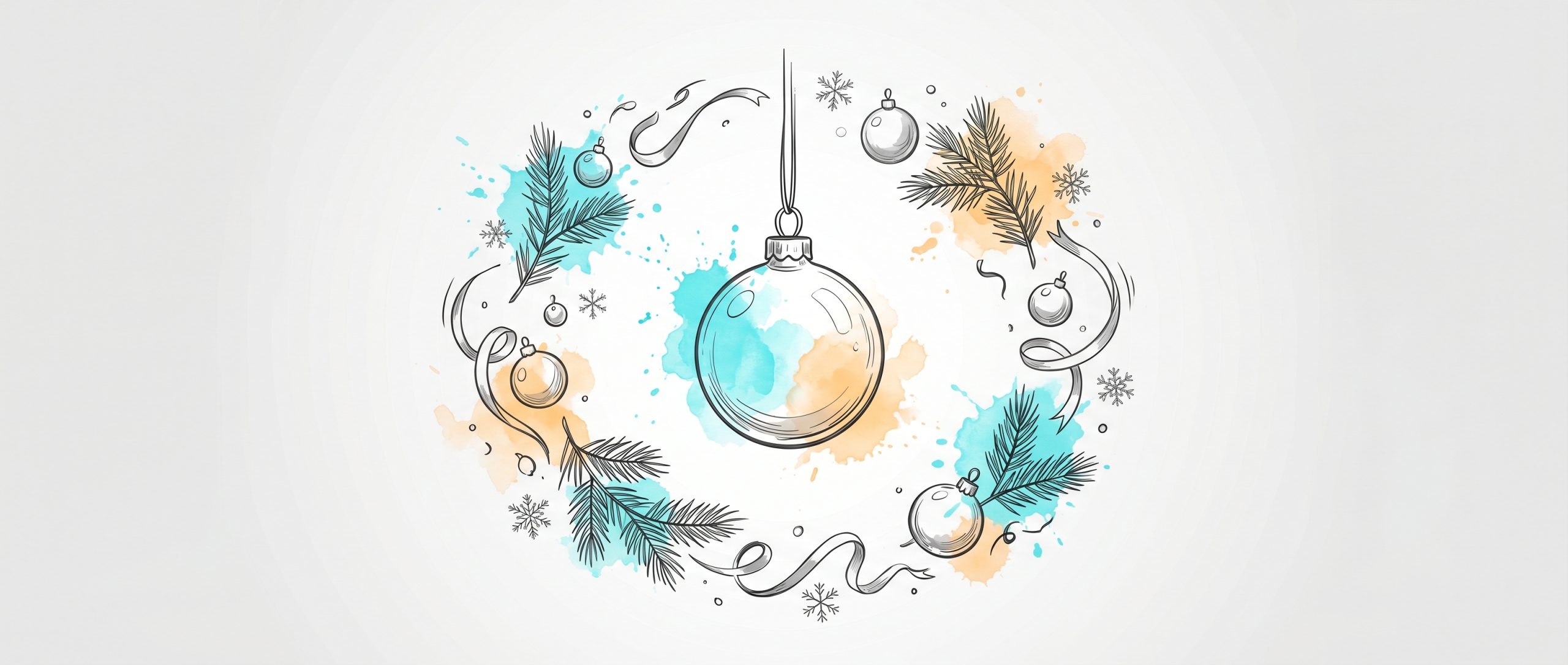 Hand-drawn ink illustration of a single calm holiday ornament hanging steadily at the centre while smaller baubles, ribbons and pine sprigs swirl gently around it, with soft cyan and apricot watercolour splashes