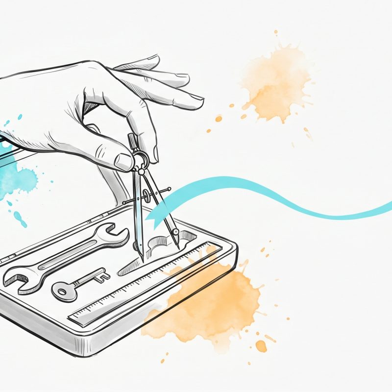 Hand-drawn ink illustration of a hand selecting one tool — a drafting compass — from a tray of different tools including a wrench, key and ruler, with a cyan ribbon-line extending outward, symbolising choosing the right type of goal for the task.
